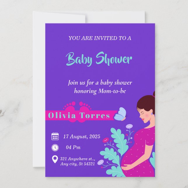 Invitation Baby shower violet et rose foncé (Devant)