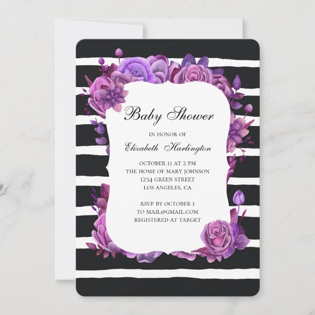 Invitation baby shower violet. Noir et blanc (Devant)