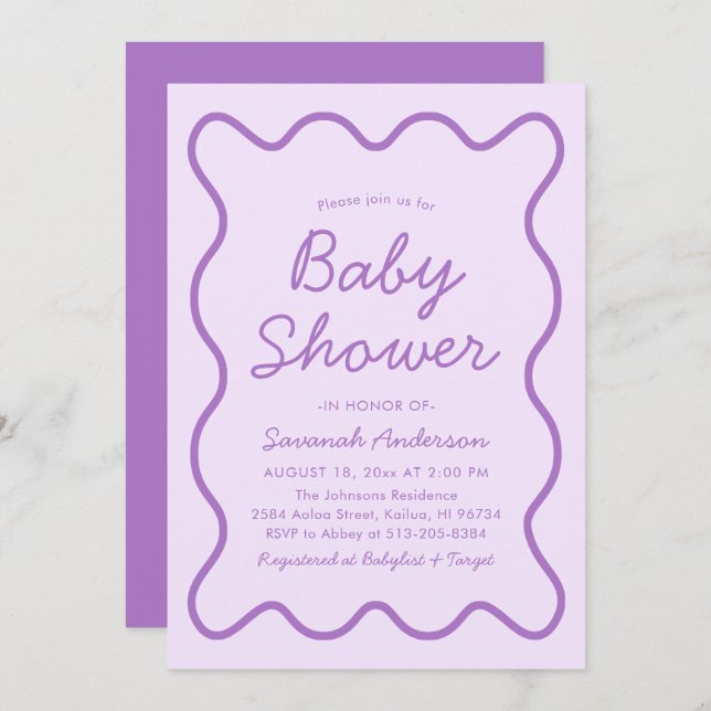 Invitation Baby Shower Violet Rétro Courbé Moderne Ondulé (Devant / Derrière)