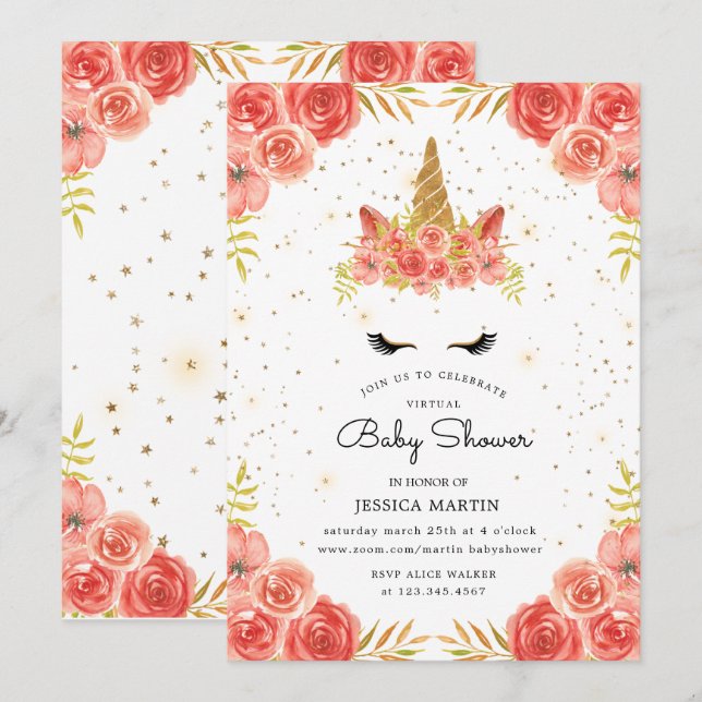Invitation baby shower virtuel à licorne blanche rose (Devant / Derrière)