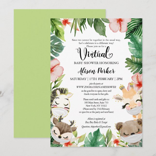 Invitation Baby shower virtuel | Amis Masqués de Safari Jungl (Devant / Derrière)