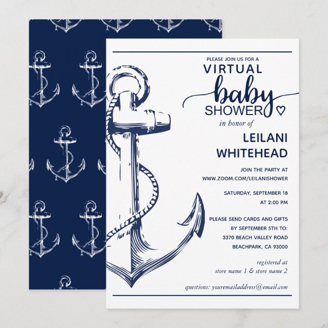 Invitation Baby shower virtuel Ancre marine (Devant / Derrière)