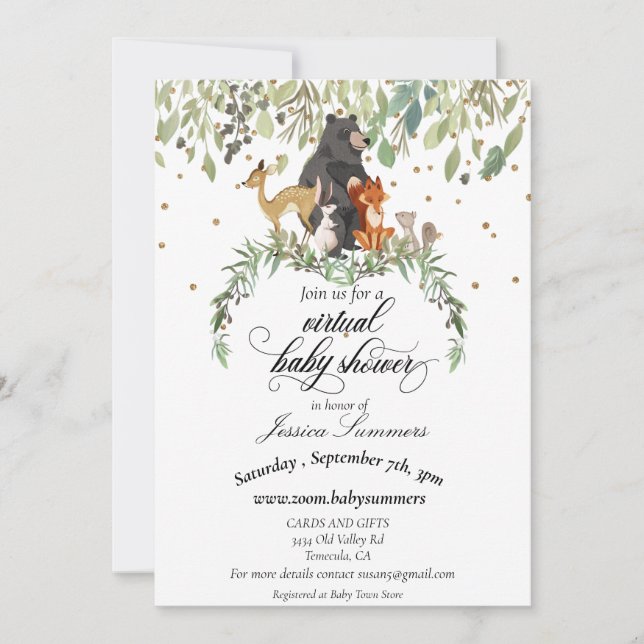 Invitation Baby shower virtuel Animaux des bois (Devant)