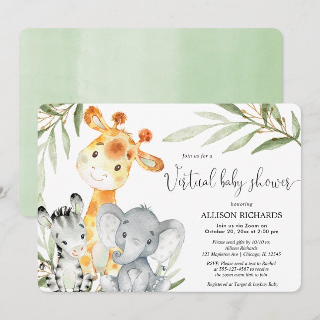 Invitation Baby shower virtuel animaux safari sans sexe (Devant / Derrière)