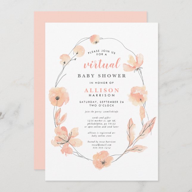Invitation Baby shower virtuel | Aquarelle florale de corail (Devant / Derrière)