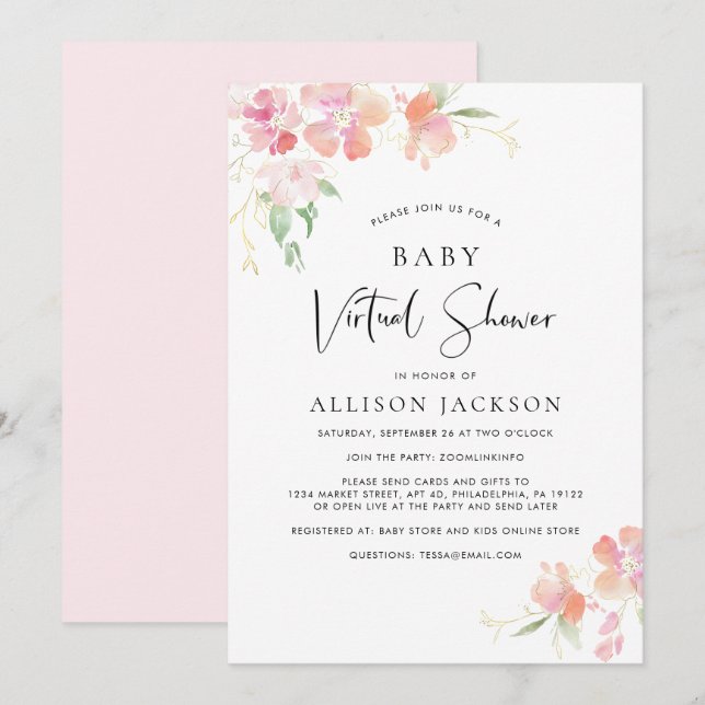 Invitation Baby shower virtuel | Aquarelle rose (Devant / Derrière)