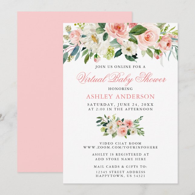 Invitation Baby shower virtuel aquarelle rose florale (Devant / Derrière)