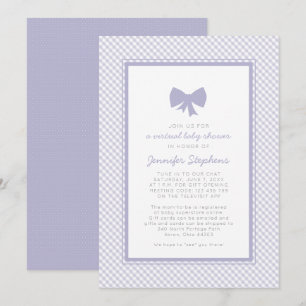 Invitation Baby shower virtuel avec un nœud violet en vichy