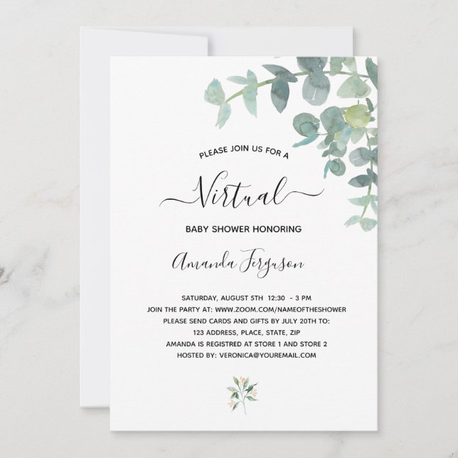 Invitation Baby shower virtuel blanc eucalyptus verdure (Devant)