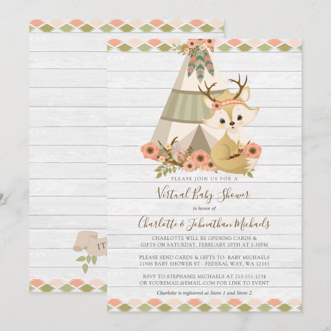 Invitation Baby shower virtuel Boho Rustique Woodland (Devant / Derrière)
