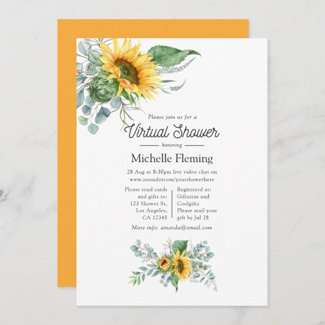 Invitation Baby shower virtuel Boho Sunflower Eucalyptus (Devant / Derrière)