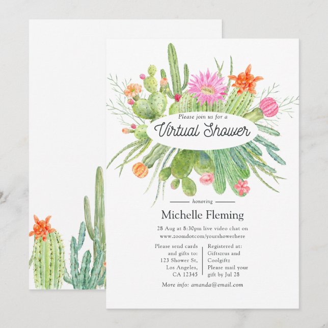 Invitation Baby shower virtuel Cactus aquarelle (Devant / Derrière)