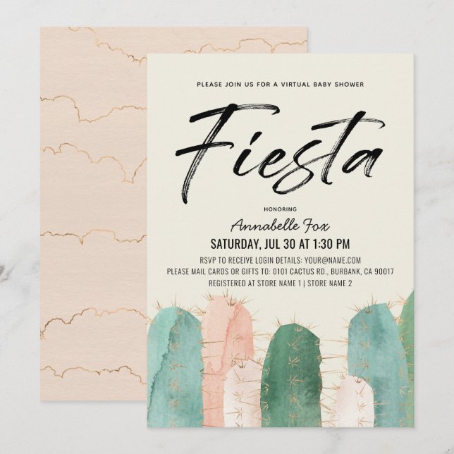 Invitation Baby shower virtuel Cactus Fiesta rose (Devant / Derrière)