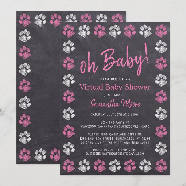 Invitation Baby shower virtuel Chalkboard Empreinte de patte  (Devant / Derrière)
