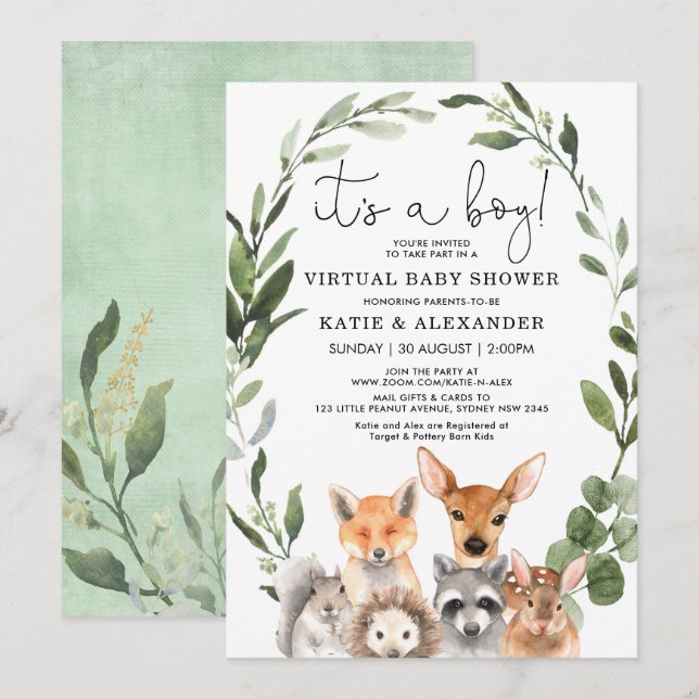 Invitation Baby shower virtuel Chic Woodland Green Wreath (Devant / Derrière)
