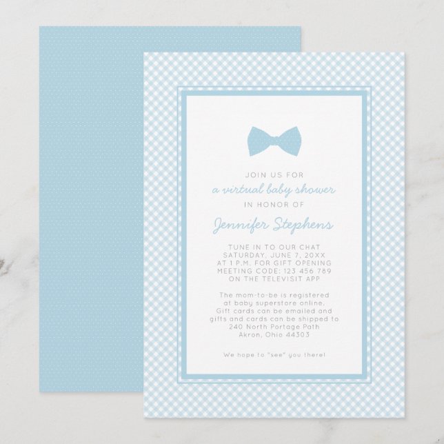 Invitation baby shower virtuel de cravate arc En vichy bleu (Devant / Derrière)