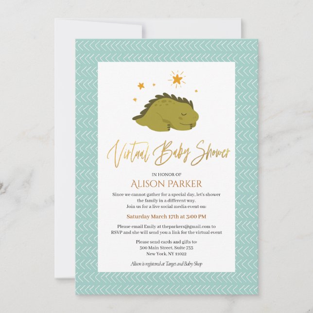 Invitation Baby shower virtuel de Dinosaure Vert (Devant)