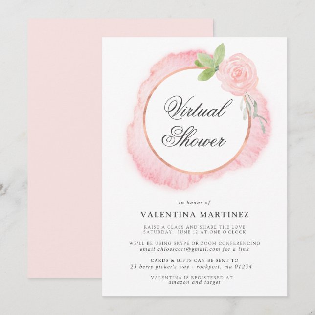 Invitation Baby shower virtuel de la couronne rose rose (Devant / Derrière)