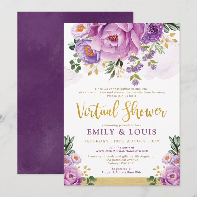 Invitation Baby shower virtuel de la flore botanique violette (Devant / Derrière)