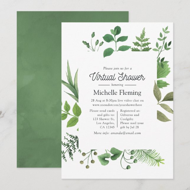 Invitation Baby shower virtuel de la verdure des forêts de bo (Devant / Derrière)