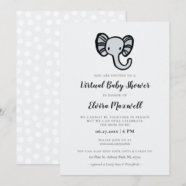 Invitation Baby shower virtuel de l'éléphant bleu mou (Devant / Derrière)