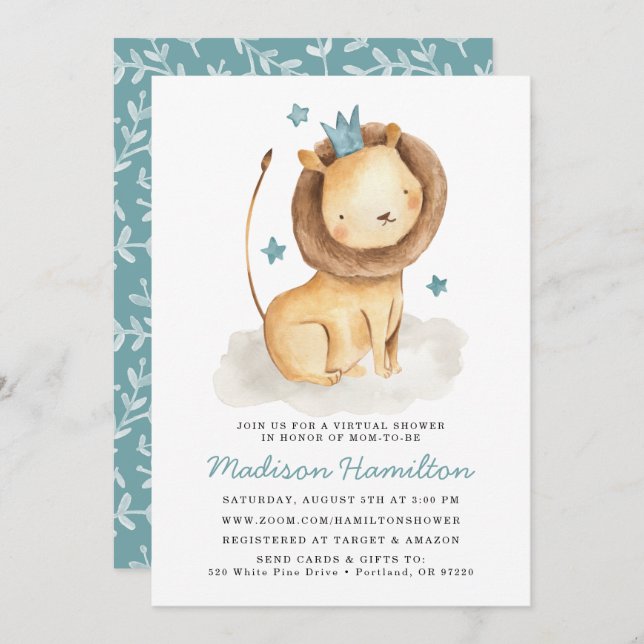 Invitation Baby shower virtuel de Lion doux (Devant / Derrière)
