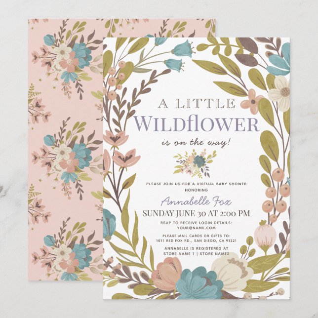 Invitation Baby shower virtuel de petite fille Fleur sauvage (Devant / Derrière)