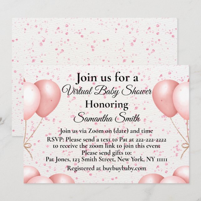 Invitation Baby shower virtuel des ballons roses (Devant / Derrière)