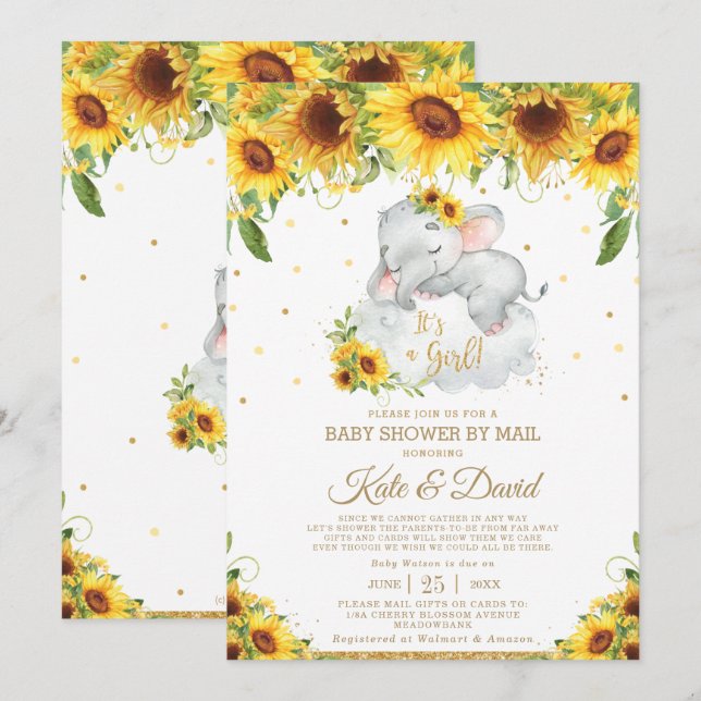 Invitation Baby shower virtuel des éléphants de tournesol par (Devant / Derrière)