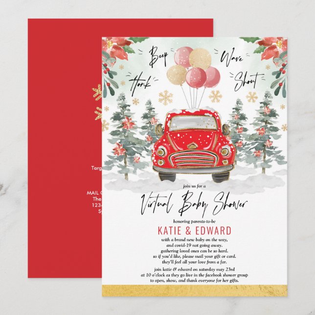 Invitation Baby shower virtuel des Fêtes d'hiver Red Gold (Devant / Derrière)