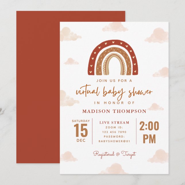 Invitation Baby shower virtuel des nuages arc-en-ciel en terr (Devant / Derrière)