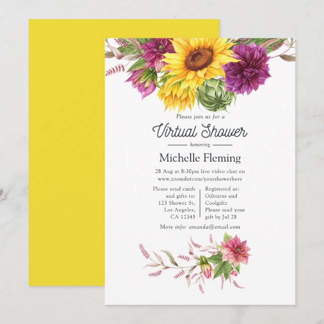 Invitation Baby shower virtuel d'été de tournesol (Devant / Derrière)