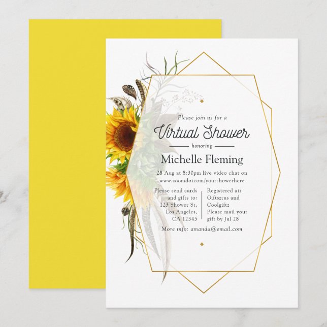 Invitation Baby shower virtuel d'été géométrique de tournesol (Devant / Derrière)