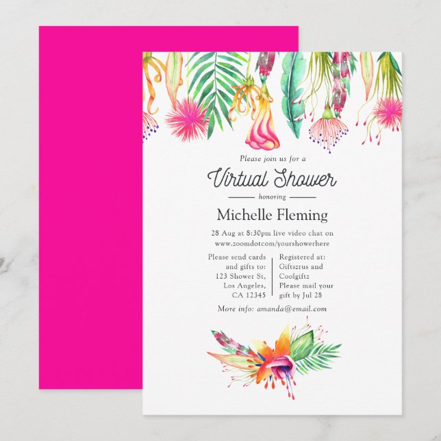 Invitation Baby shower virtuel d'été tropical rose chaud (Devant / Derrière)