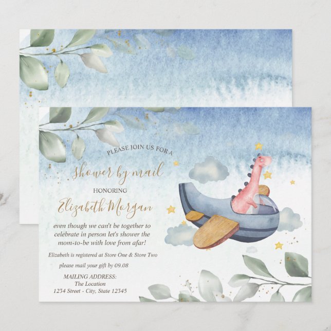 Invitation Baby shower virtuel Dino de l'avion par courrier (Devant / Derrière)