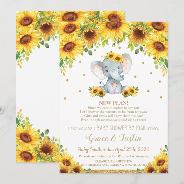 Invitation Baby shower virtuel du tournesol éléphant par cour (Devant / Derrière)