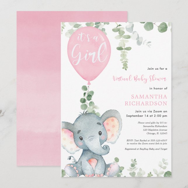 Invitation Baby shower virtuel elephant rose ballons fille (Devant / Derrière)