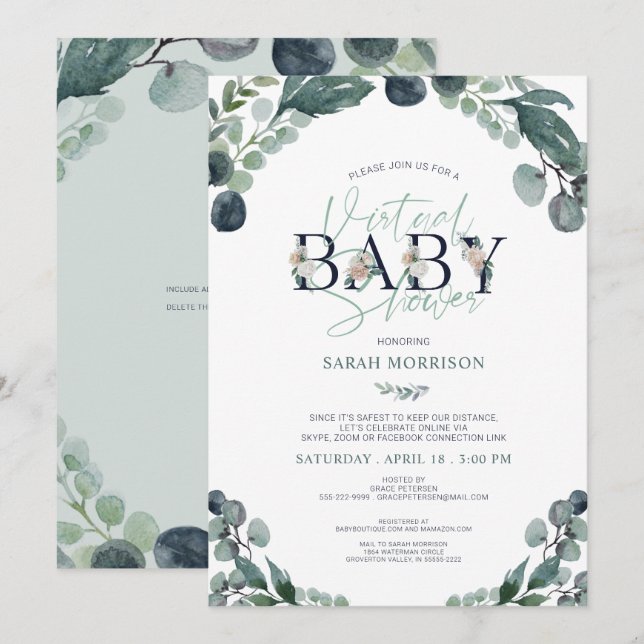 Invitation Baby shower virtuel en ligne Marine Blue Sage Gree (Devant / Derrière)