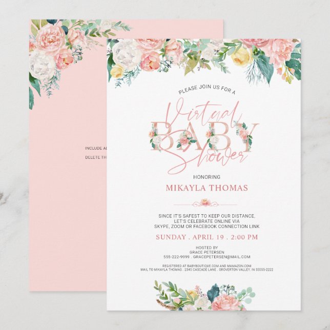 Invitation Baby Shower Virtuel En Ligne Rose Gold Fleurs Rose (Devant / Derrière)