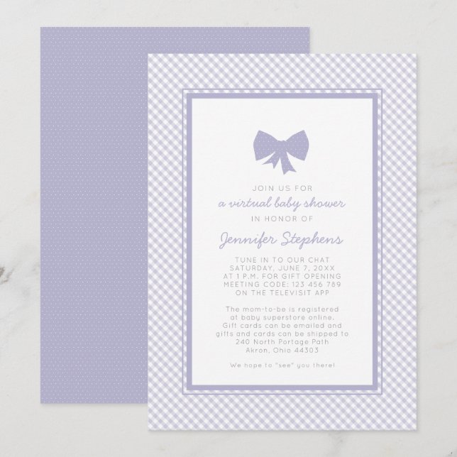 Invitation baby shower virtuel En vichy arc violet (Devant / Derrière)