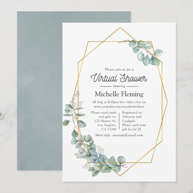 Invitation Baby shower virtuel Eucalyptus géométrique (Devant / Derrière)