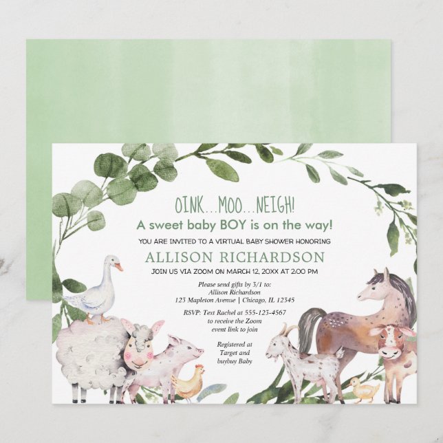 Invitation Baby shower virtuel ferme Barnyard animal garçon (Devant / Derrière)