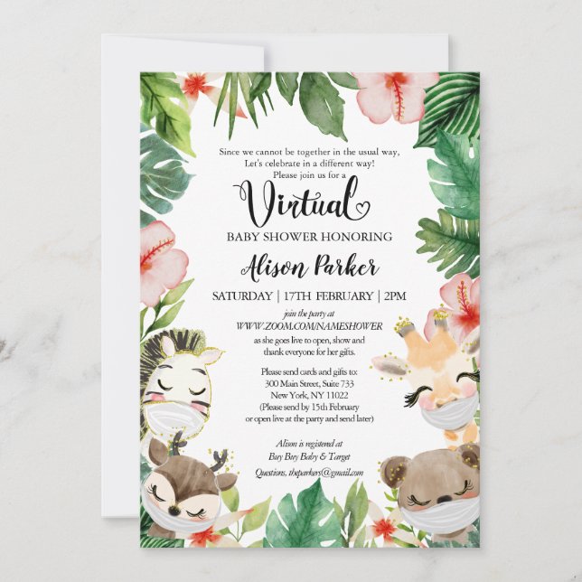 Invitation Baby shower virtuel fille | Amis Masqués Safari (Devant)