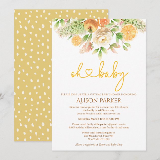 Invitation Baby shower virtuel Fille Florale aux agrumes de r (Devant / Derrière)
