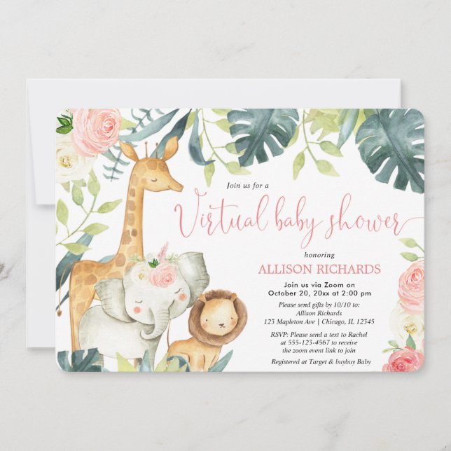 Invitation Baby shower virtuel fille rose floral safari anima (Devant)