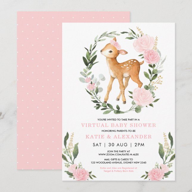 Invitation Baby shower virtuel Floral Deer Woodland Green (Devant / Derrière)