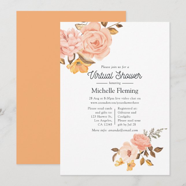 Invitation Baby shower virtuel floral rose et or (Devant / Derrière)