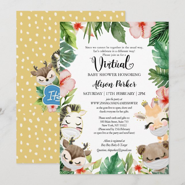 Invitation Baby shower virtuel garçon | Amis Masqués Safari (Devant / Derrière)