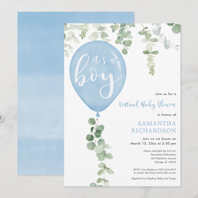 Invitation Baby shower virtuel garçon bleu ballon eucalyptus (Devant / Derrière)