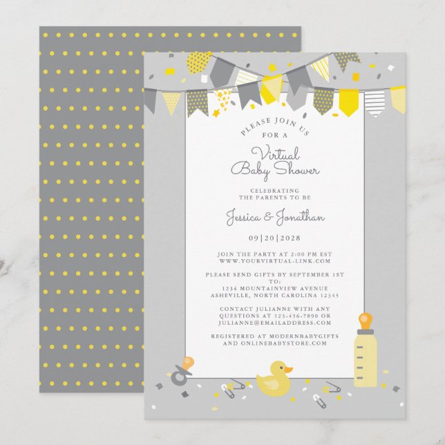Invitation Baby shower virtuel gris jaune mignon bannière mod (Devant / Derrière)